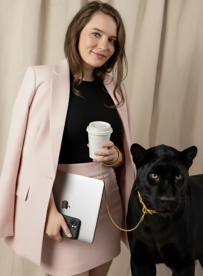 Valeriya — pink blazer, coffee and laptop