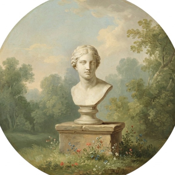 A classical marble bust in a painted garden