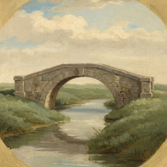 A painted stone footbridge over a stream