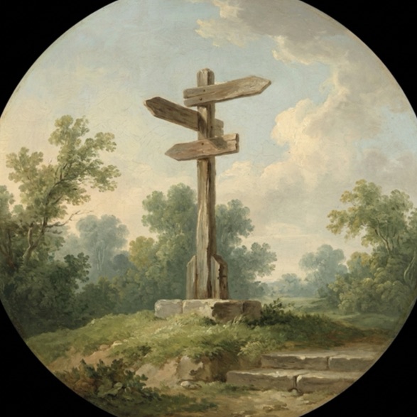 A painted wooden signpost with 3 arms